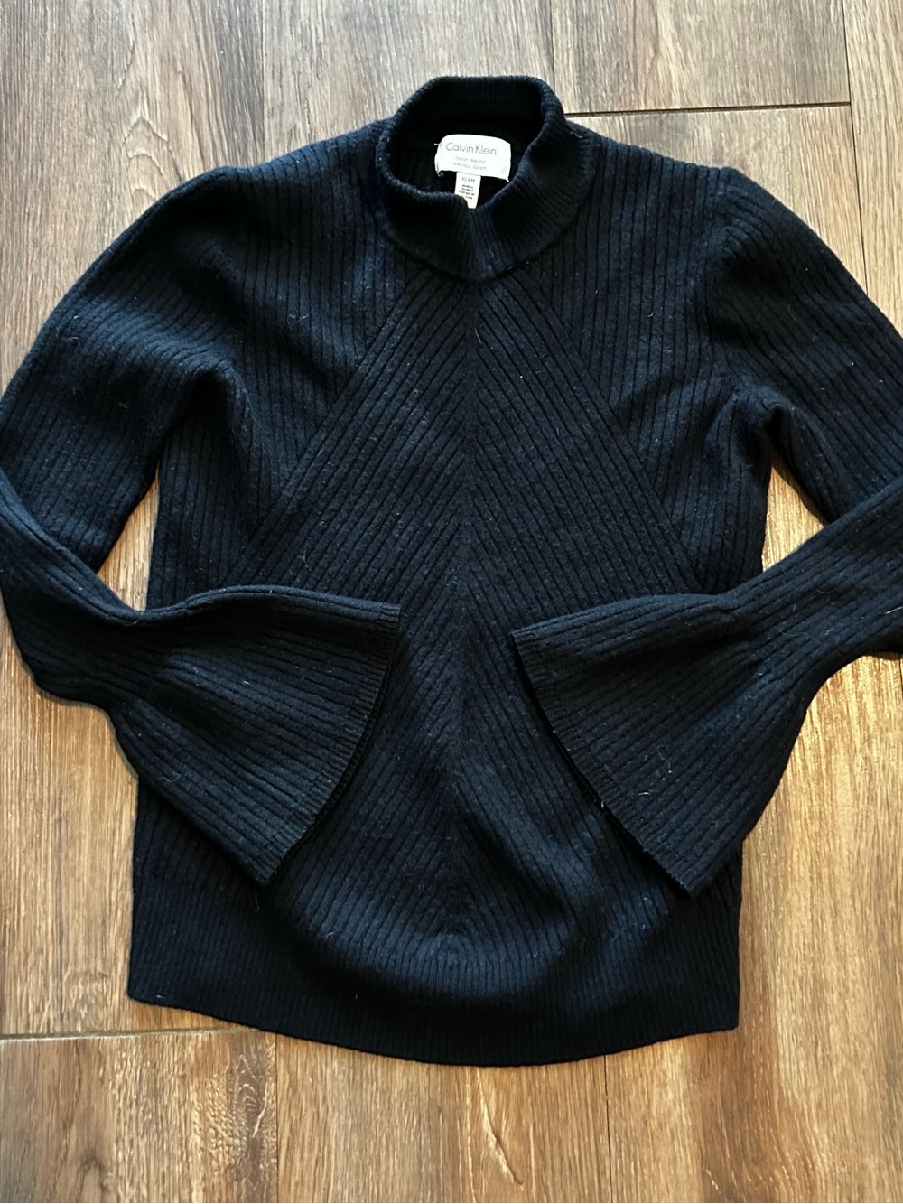 Calvin Klein 100% Merino Wool Sweater Women Xs Black Belle Sleeve Mock Neck